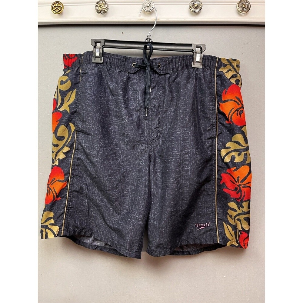 Speedo Swim Trunks Mens XL Gray Hibiscus Floral Board Shorts Drawstring Liner